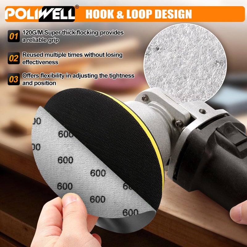 POLIWELL 6 Inch (150mm) 600 Grit High Performance Waterproof Hook & Loop Sanding Discs Heavy Duty Silicon Carbide Round Flocking Sandpaper for Wet/Dry Sanding Grinder Polishing Accessories, 20-Pack - Image 4